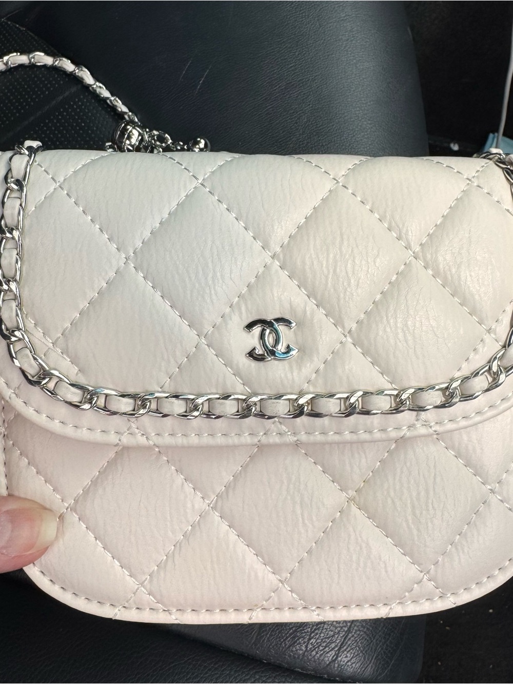 Mini Quilted Crossbody in ecru with silver chain accent; so cute.